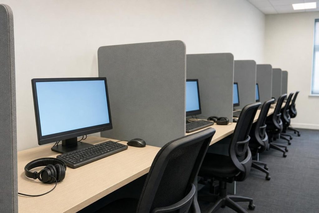 Empty theory test room with computer booths and headphones, where you sit the test after you change your theory test date